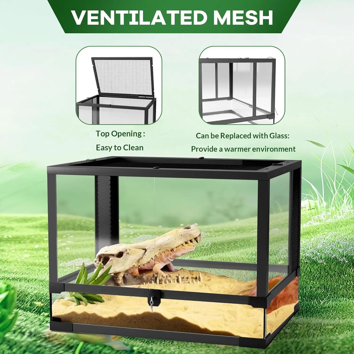 Anti-Escape Glass Reptile Tank – Ventilated Dual-Door Terrarium